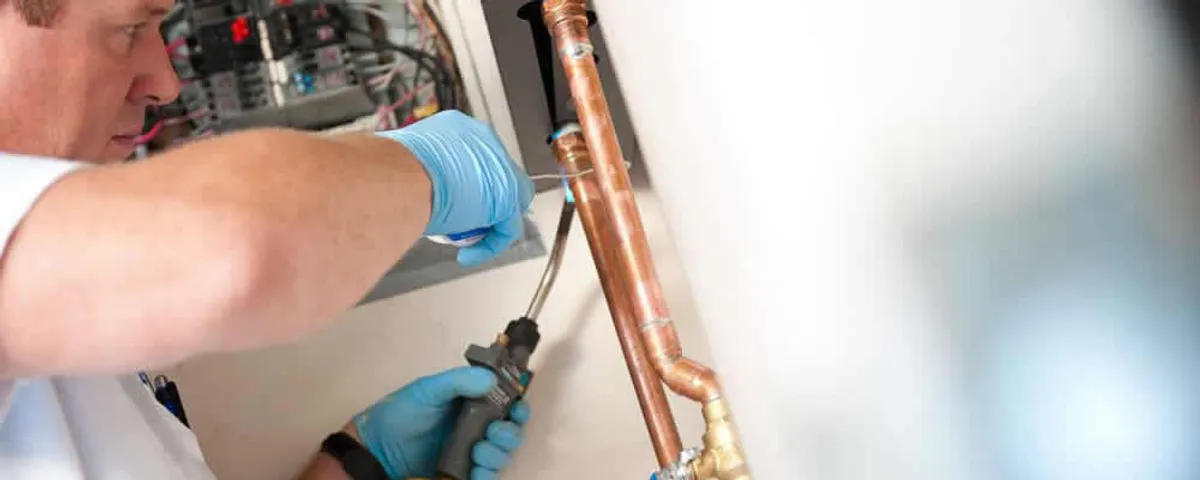 Water heater repair technician testing copper pipe connections and controls in Madison, WI